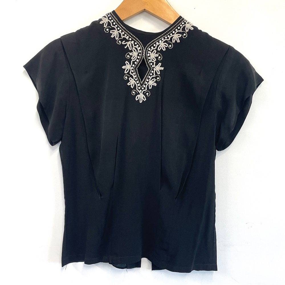 Elegant black 1940's vintage top - keyhole neckline w/rhinestones and beads